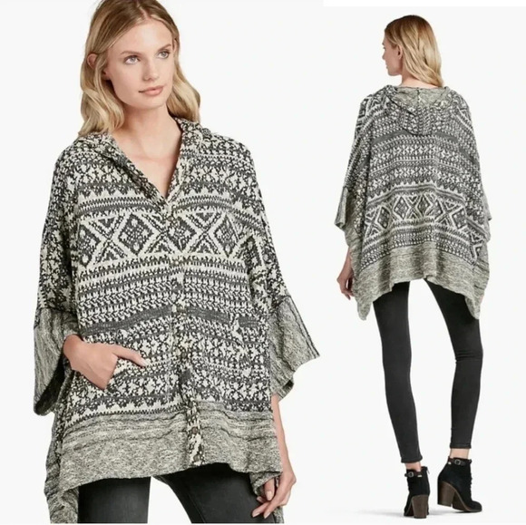 Lucky Brand Jacquard Terry Snap Button Closure Hooded Cotton Blend Poncho(O/S) - Picture 1 of 12